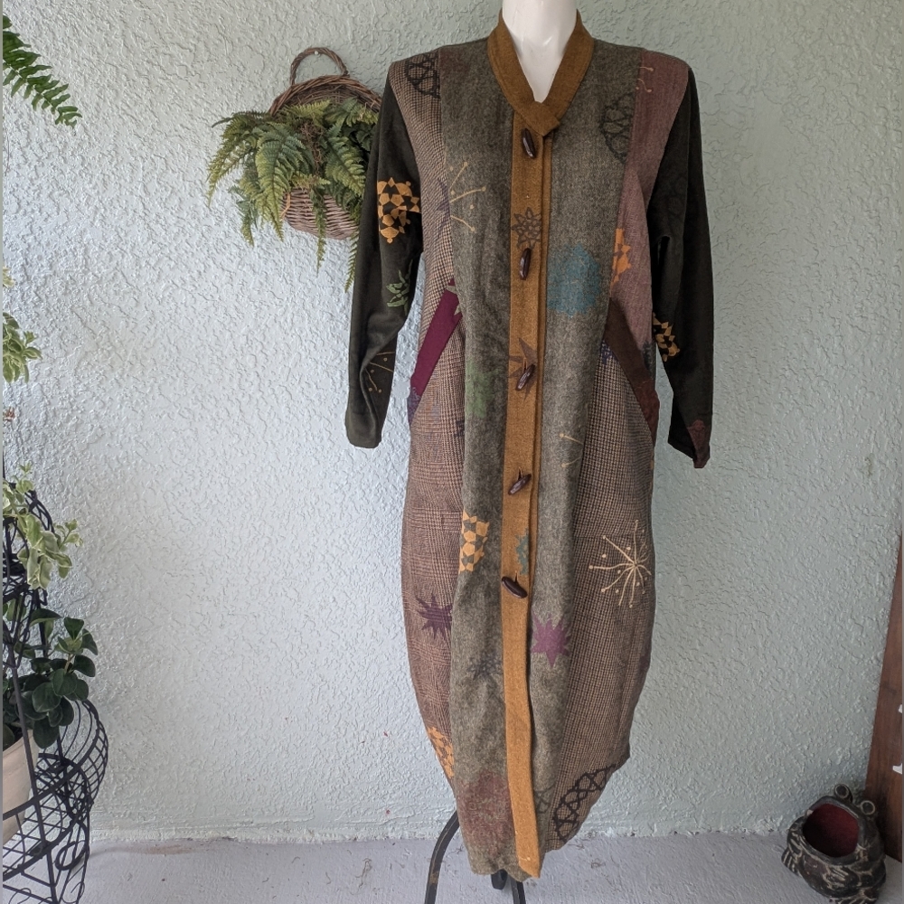Staley Gretzinger Brown Long Sleeve V-Neck Trench‎ Coat Wool Patch Work Pattern